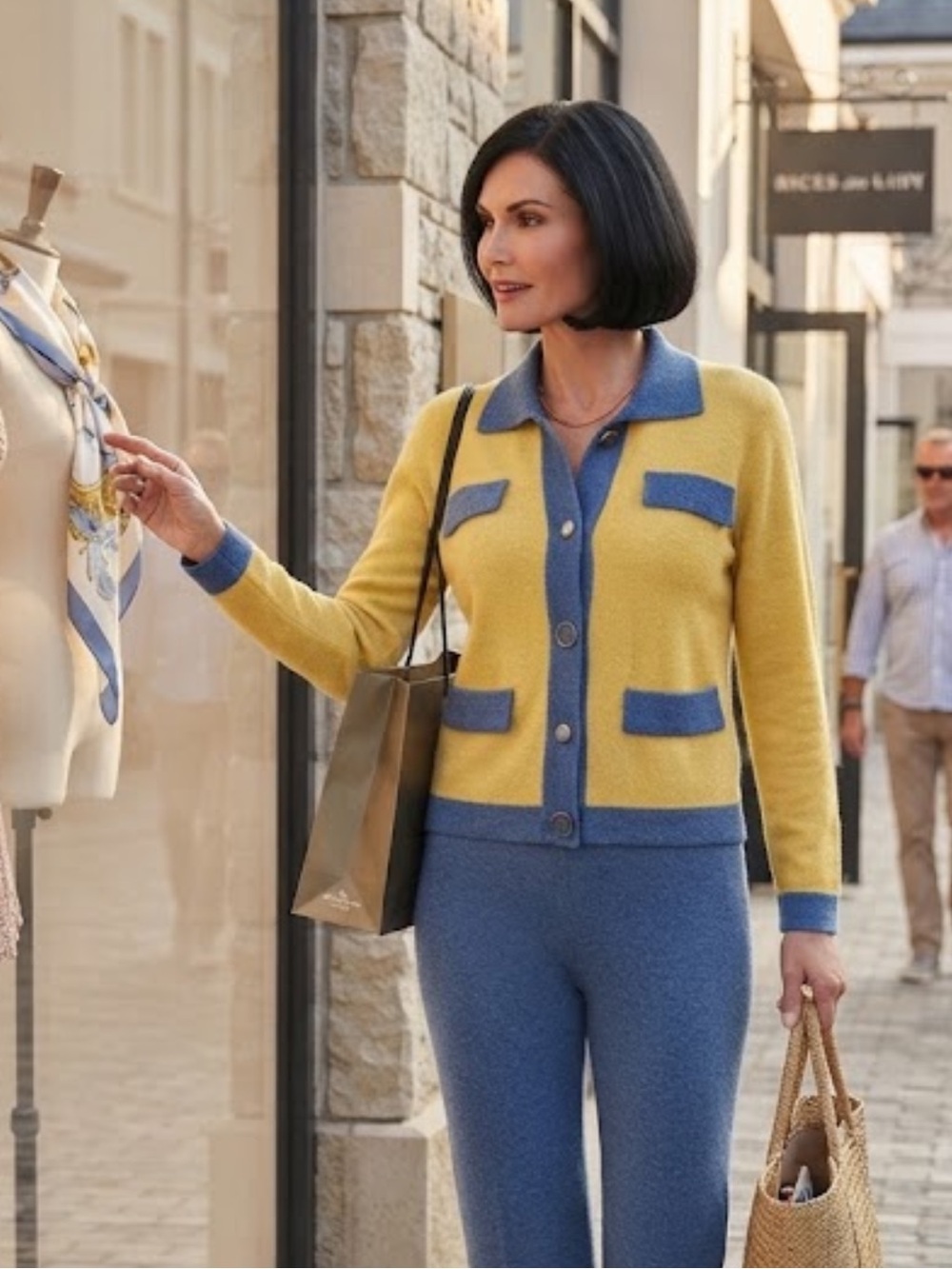 NWOT Vintage Women’s Rich and Levy yellow n blue wool knit cardigan blazer
